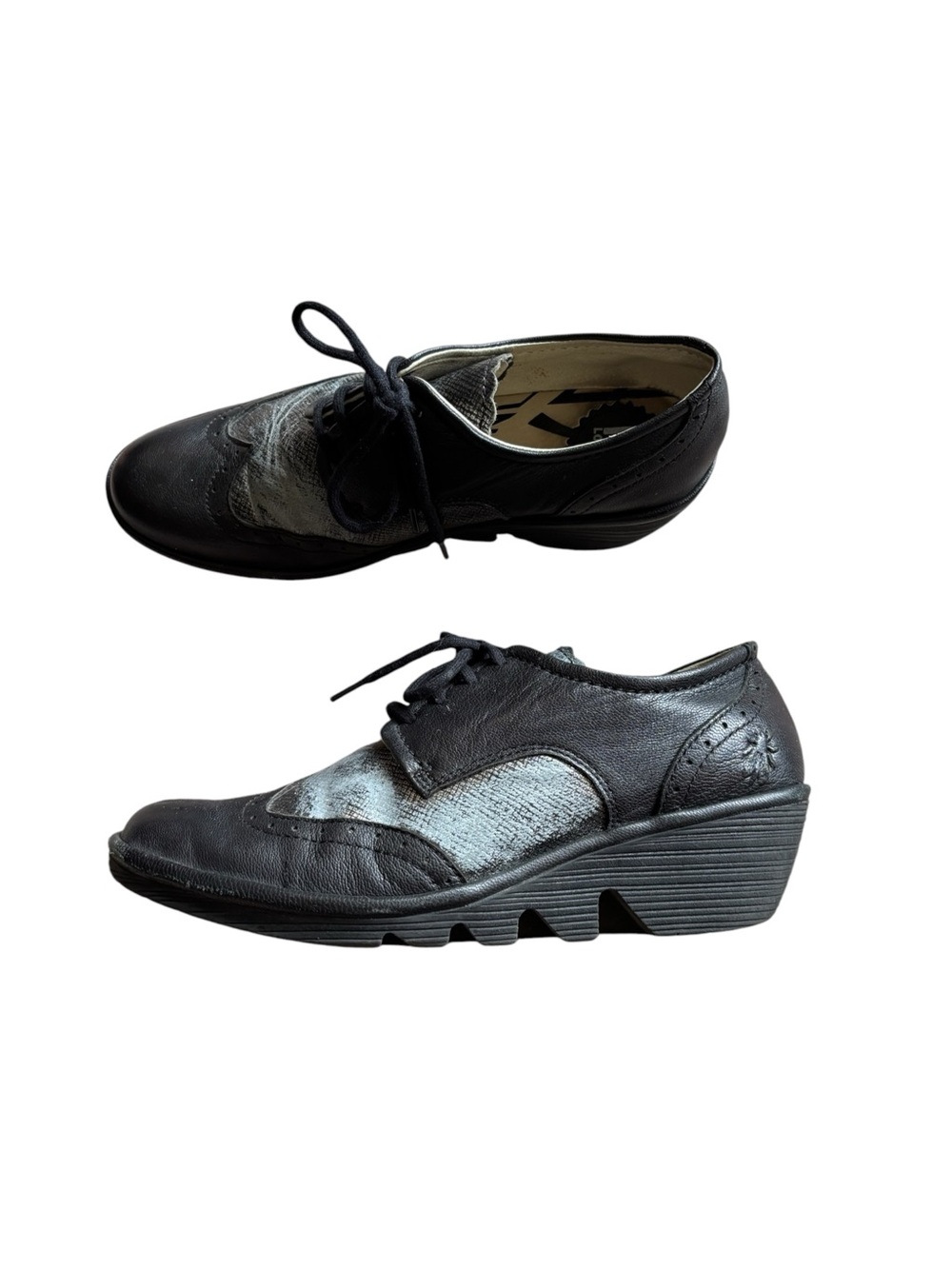 Fly London Palt Wingtip Black/Pewter Oxford Wedge Pump Shoe Size 38/7.5
